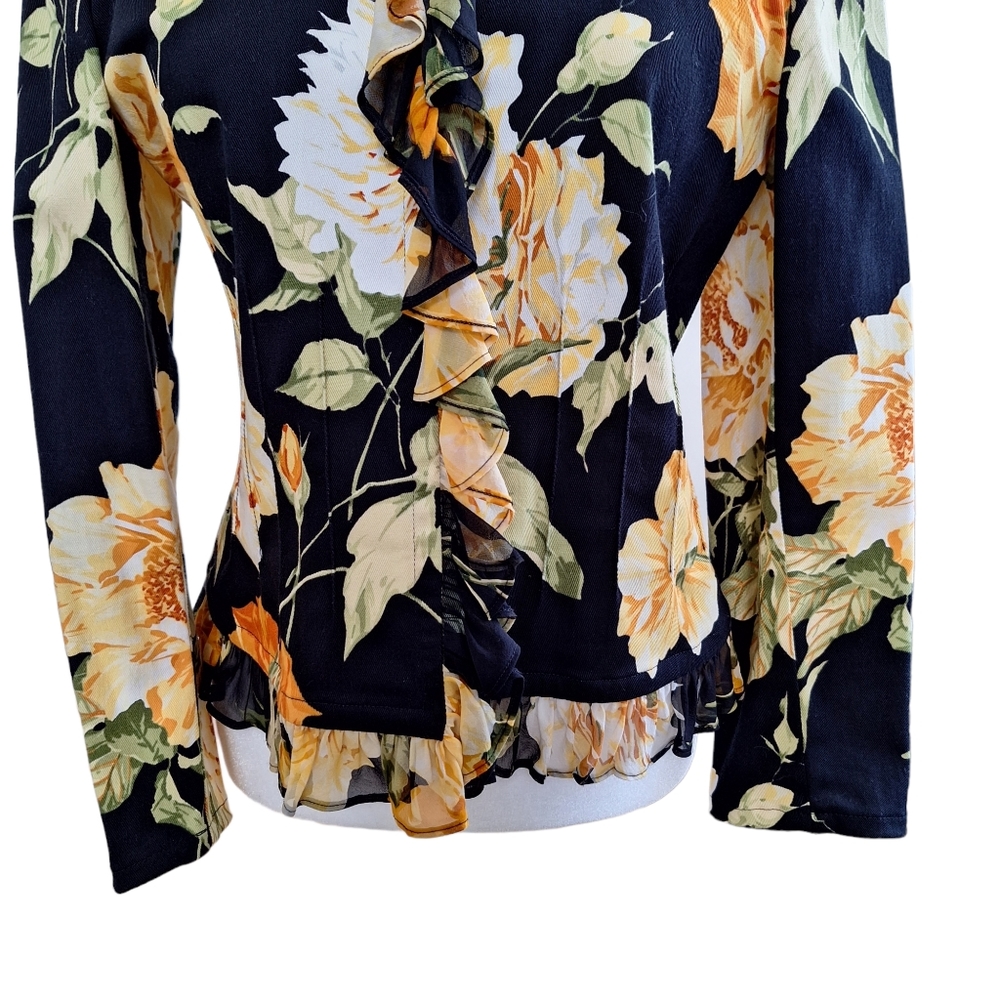 St. John Sport by Marie Gray Black Yellow Floral Ruffle Trim Blazer Jacket szS - Picture 6 of 13